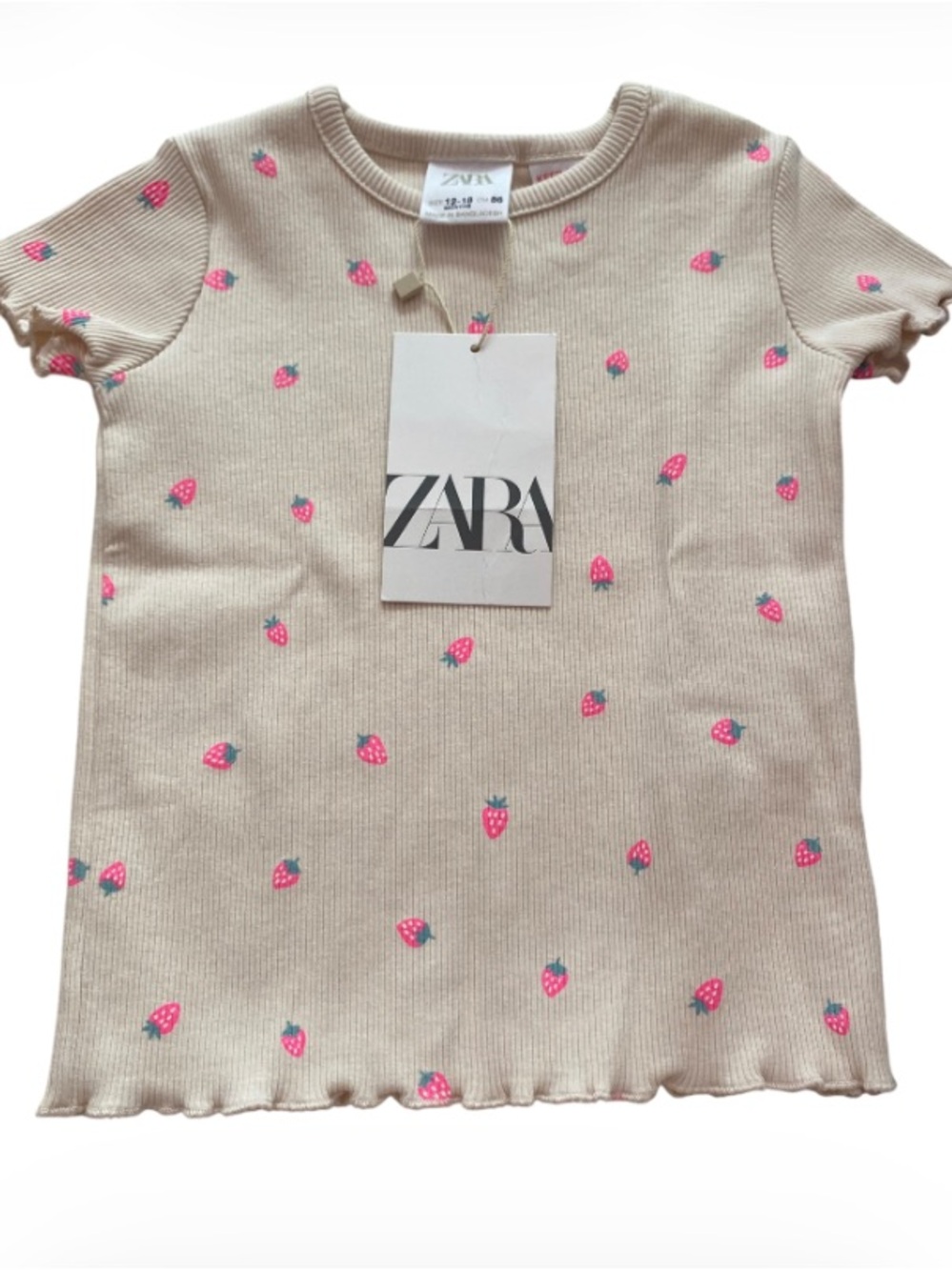 ZARA Kids Beige Strawberry Print Short Sleeve Top NWT Size 12-18 months